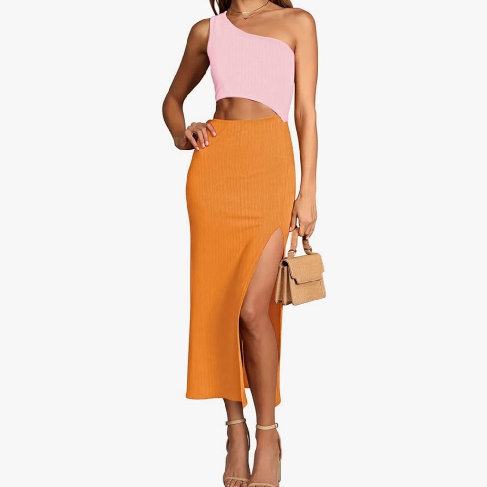 Chic One-Shoulder Pink and Orange Midi Dress
